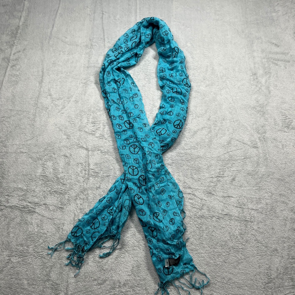 D&Y Scarf Women Turquoise Black Peace Sign Print Lightweight Fringe Boho
